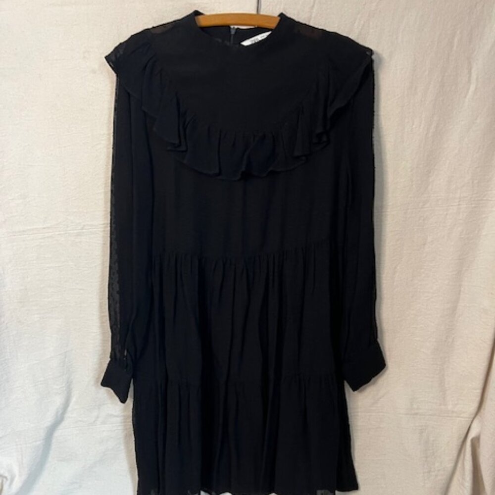 Zara Black Baby Doll Sheer Mini Dress Ruffle Front & Long Sleeves - Picture 3 of 8